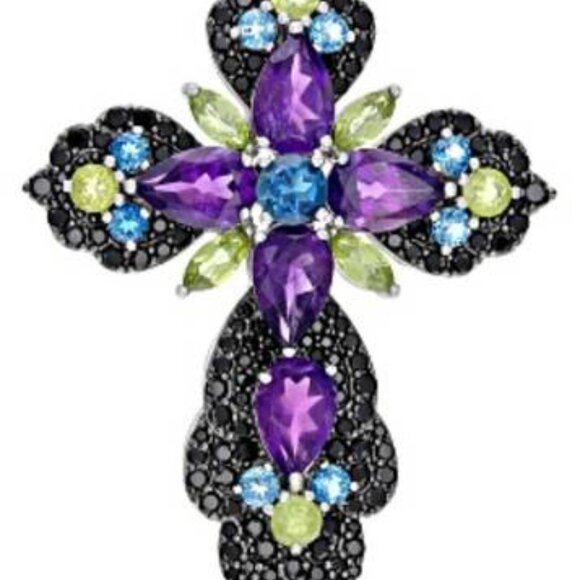 10.95ctw Multi-Gem Silver Cross Pendant With 26" chain. - Picture 3 of 5